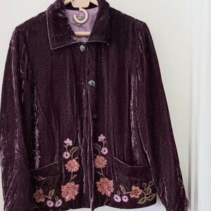 J. JILL Purple Crushed Velvet Blazer with Embroidered Flowers Sz Large Tall Used
